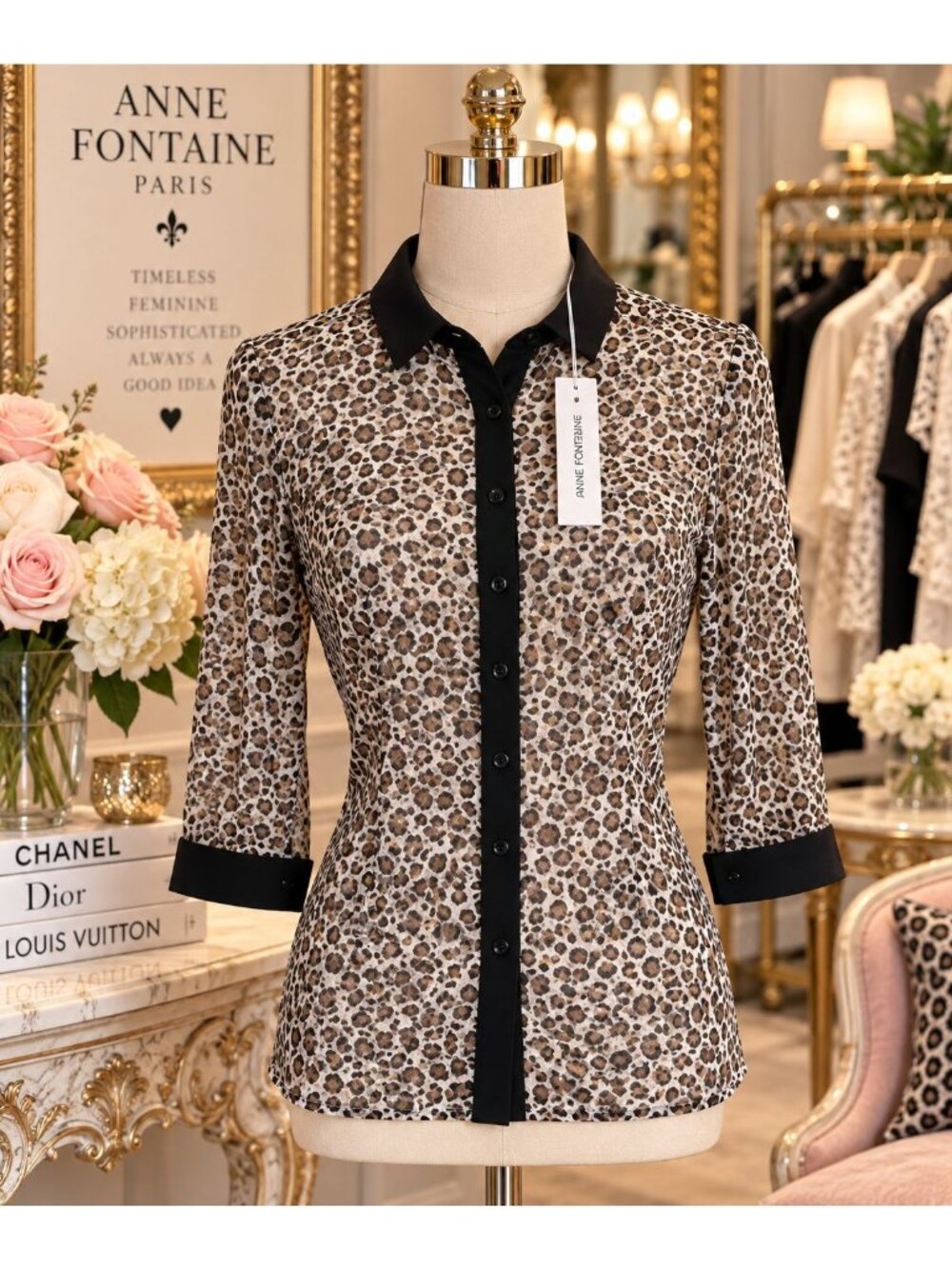 NWT Anne Fontaine Paris Pyla Leopard Cheetah Semi Sheer Print Mesh Top EU 38 US